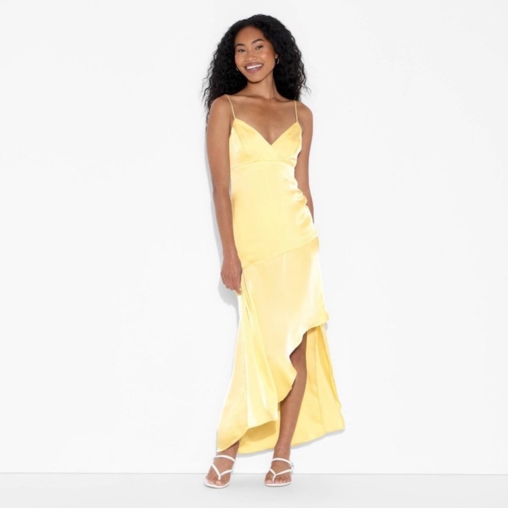 NWT New Fable Women Satin Asymmetrical A-Line Maxi Dress- Light Yellow M - Picture 2 of 9